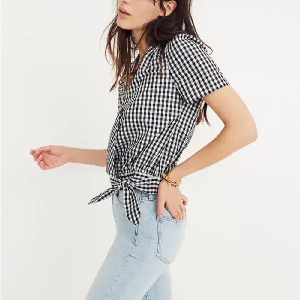 Madewell Black and White Gingham Tie-Front Short Sleeve Blouse